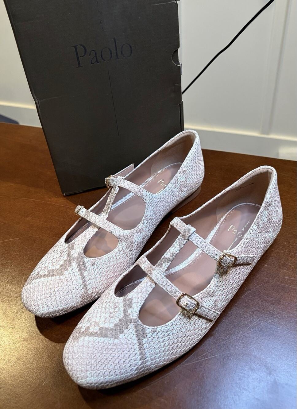 Paolo Women's Snake Print Mary Jane Flats Round Toe Buckle Pink/Beige US 9.5 M